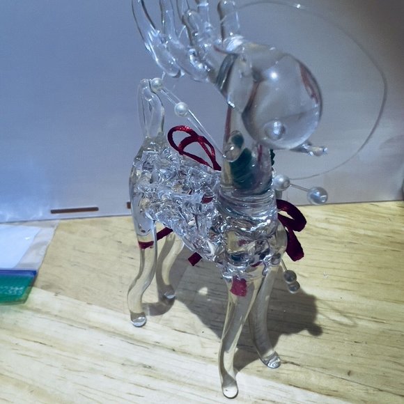 Handblown Clear Glass Rose Rudolph Reindeer Christmas Ornament 3.5x2in - Picture 3 of 10